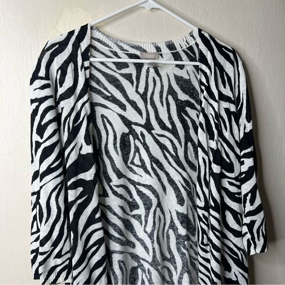 Chicos Black White Animal Print Linen Blen 3/4 Sleeve Cardigan Topper 1 - Picture 2 of 5
